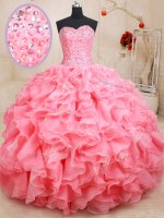 Fine Floor Length Pink Sweet 16 Dresses Organza Sleeveless Beading and Ruffles
