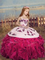 Sleeveless Floor Length Embroidery and Ruffles Lace Up Pageant Gowns For Girls with Hot Pink