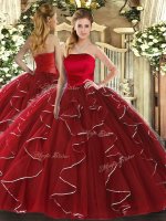 Top Selling Wine Red Ball Gowns Tulle Strapless Sleeveless Ruffled Layers Floor Length Lace Up Quinceanera Gowns