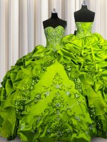 High End Sleeveless Taffeta Floor Length Lace Up Sweet 16 Dresses in Olive Green with Beading and Embroidery and Ruffles and Sequins and Pick Ups