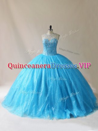 Exquisite Scoop Sleeveless Ball Gown Prom Dress Floor Length Court Train Beading and Appliques Baby Blue Organza