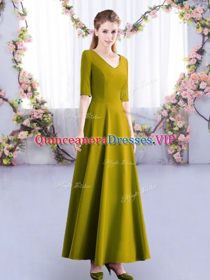 Olive Green Satin Zipper Court Dresses for Sweet 16 Half Sleeves Ankle Length Ruching - Click Image to Close