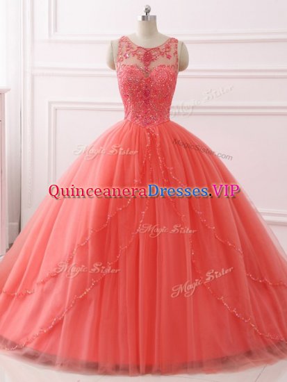 Admirable Coral Red Ball Gowns Beading and Lace 15 Quinceanera Dress Lace Up Tulle Sleeveless - Click Image to Close