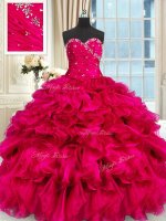 Hot Pink Sleeveless Organza Lace Up Sweet 16 Dresses for Military Ball and Sweet 16 and Quinceanera