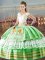 High End Floor Length Apple Green Sweet 16 Dress Satin Sleeveless Embroidery and Ruffled Layers