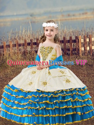 Organza Straps Sleeveless Lace Up Beading and Embroidery and Ruffled Layers Kids Pageant Dress in Baby Blue