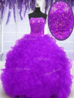 Fabulous Eggplant Purple Ball Gowns Beading and Appliques and Ruffles Quinceanera Dresses Lace Up Organza Sleeveless With Train