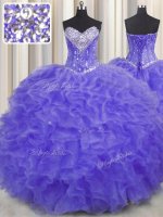 Sleeveless Floor Length Beading and Ruffles Lace Up Quinceanera Dress with Lavender