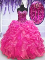 Deluxe Hot Pink Organza Lace Up Vestidos de Quinceanera Sleeveless Floor Length Beading and Ruffles