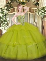 Tulle Sweetheart Sleeveless Lace Up Beading and Ruffled Layers Vestidos de Quinceanera in Olive Green