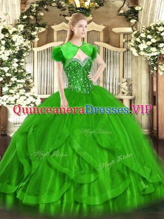Popular Green Ball Gowns Beading and Ruffles Quinceanera Dress Lace Up Tulle Sleeveless Floor Length