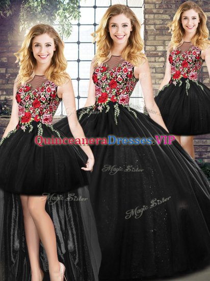 Traditional Sleeveless Floor Length Zipper Quinceanera Dresses in Black with Embroidery - Click Image to Close