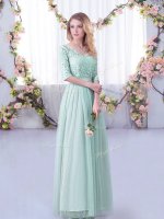 Glittering Light Blue Empire Lace and Belt Vestidos de Damas Side Zipper Tulle Half Sleeves Floor Length
