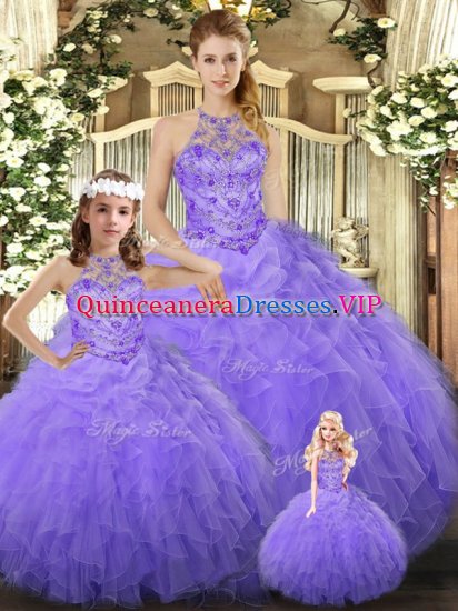 Glorious Lavender Halter Top Lace Up Beading and Ruffles Vestidos de Quinceanera Sleeveless - Click Image to Close