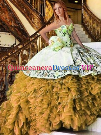 Fantastic Yellow And White Sweetheart Neckline Appliques and Embroidery Quinceanera Gown Sleeveless Lace Up