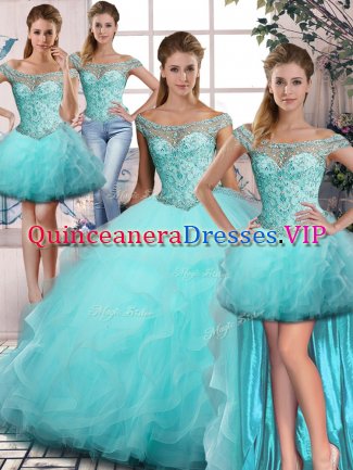 Admirable Aqua Blue Ball Gowns Tulle Off The Shoulder Sleeveless Beading and Ruffles Floor Length Lace Up Ball Gown Prom Dress