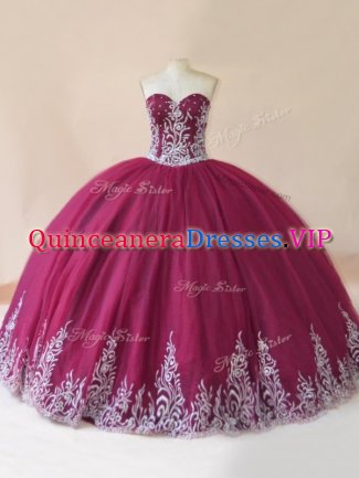 Free and Easy Burgundy Lace Up Sweetheart Embroidery Quince Ball Gowns Tulle Sleeveless