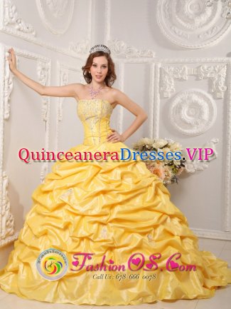 Strapless Court Train Taffeta Appliques and Beading Brand New Yellow Saxonwold South Africa Quinceanera Dress Ball Gown