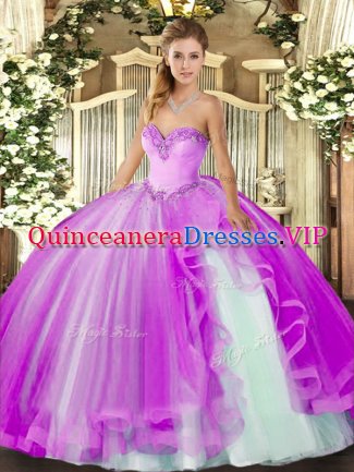 Hot Selling Floor Length Lace Up Vestidos de Quinceanera Lilac for Military Ball and Sweet 16 and Quinceanera with Beading and Ruffles