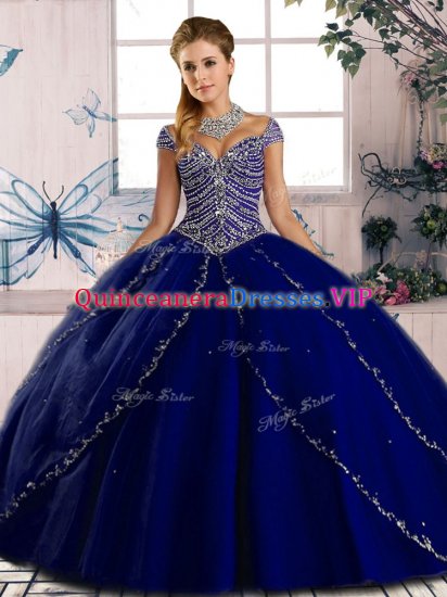 Most Popular Cap Sleeves Beading Lace Up 15 Quinceanera Dress with Royal Blue Brush Train - Click Image to Close