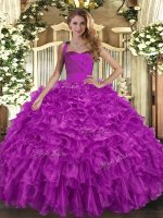 Charming Fuchsia Organza Lace Up Halter Top Sleeveless Floor Length Quinceanera Dress Ruffles