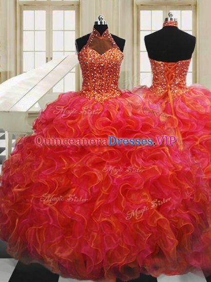 Sexy Halter Top Multi-color Ball Gowns Beading and Ruffles Ball Gown Prom Dress Lace Up Organza Sleeveless Floor Length - Click Image to Close