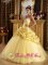 Owego NY Custom Made Modest Beaded Decorate Yellow Quinceanera Dress With Hand Made Flowers And Pick-ups
