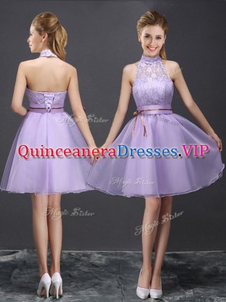 Organza Halter Top Sleeveless Lace Up Lace and Belt Dama Dress for Quinceanera in Lavender