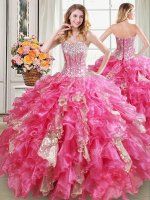 Hot Pink Lace Up Ball Gown Prom Dress Beading and Ruffles and Sequins Sleeveless Floor Length(SKU PSSW0426MTBIZ)