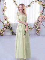 Eye-catching Yellow Green Dama Dress for Quinceanera Wedding Party with Lace and Belt V-neck Half Sleeves Side Zipper(SKU BMT0387D-3BIZ)