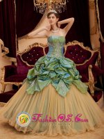 Antioquia colombia Remarkable Olive Green Pick-ups Beading Strapless Quinceanera Dress With Taffeta and Tulle
