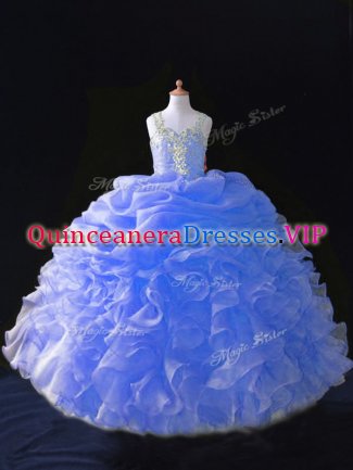 Blue Ball Gowns Organza Straps Sleeveless Beading and Ruffles and Pick Ups Floor Length Zipper Little Girls Pageant Gowns
