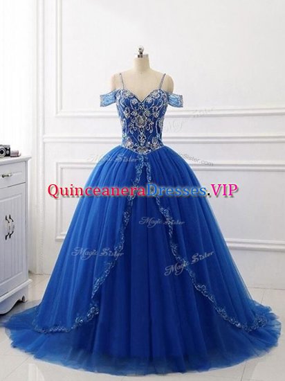 Sleeveless Beading Lace Up Quince Ball Gowns with Royal Blue Brush Train - Click Image to Close