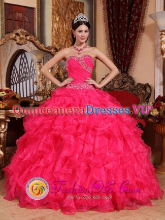 Varsinais-Suomi Finland Perfect Coral Red Ruffled Organza Quinceanera Dress With Beaded Decorate Sweetheart
