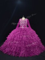Colorful Purple Organza Lace Up Sweet 16 Dress Long Sleeves Floor Length Beading and Ruffled Layers