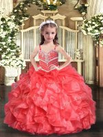 Coral Red Ball Gowns Straps Sleeveless Organza Floor Length Lace Up Beading and Ruffles Little Girls Pageant Dress