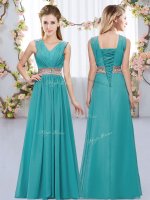 Floor Length Empire Sleeveless Teal Dama Dress Lace Up