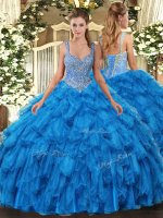 Simple Blue 15 Quinceanera Dress Military Ball and Sweet 16 and Quinceanera with Beading and Ruffles Straps Sleeveless Lace Up(SKU SJQDDT1302002BIZ)