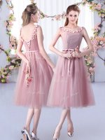 Pink Tulle Lace Up Dama Dress Sleeveless Tea Length Appliques and Belt