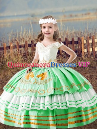 Green Satin Lace Up Off The Shoulder Sleeveless Floor Length Pageant Dress for Teens Embroidery