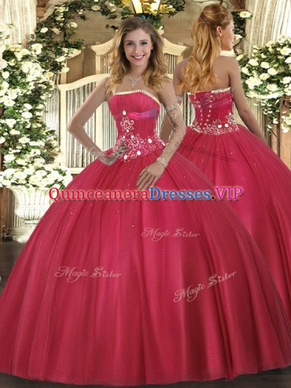 Modest Red Sleeveless Floor Length Beading Lace Up Vestidos de Quinceanera - Click Image to Close