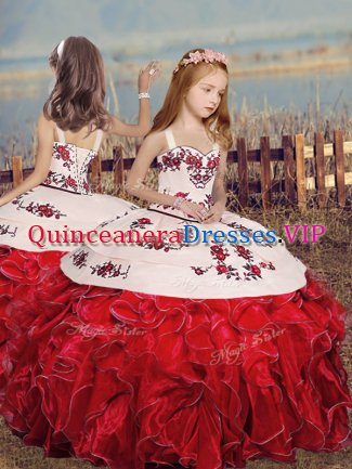 Red Straps Lace Up Embroidery and Ruffles Kids Pageant Dress Sleeveless