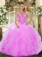 Sleeveless Organza Floor Length Lace Up Sweet 16 Quinceanera Dress in Rose Pink with Beading and Ruffles(SKU SJQDDT1222002-2BIZ)