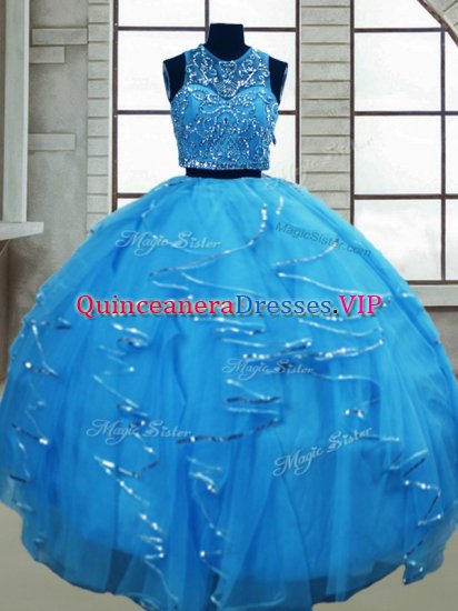 Fashionable Baby Blue Two Pieces Tulle Scoop Sleeveless Beading and Ruffles Floor Length Lace Up Sweet 16 Dress - Click Image to Close