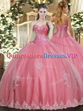 Floor Length Watermelon Red Quinceanera Gowns Tulle Sleeveless Beading and Appliques