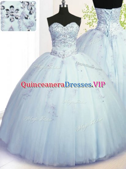 Dazzling Light Blue Lace Up Sweetheart Beading and Appliques Sweet 16 Dress Tulle Sleeveless - Click Image to Close