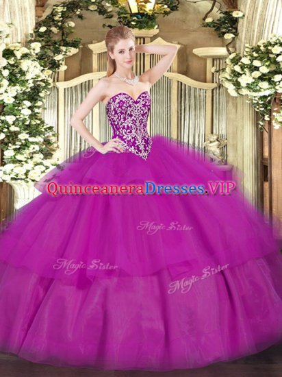 High End Floor Length Lace Up Sweet 16 Quinceanera Dress Fuchsia for Military Ball and Sweet 16 and Quinceanera with Beading and Ruffled Layers - Click Image to Close