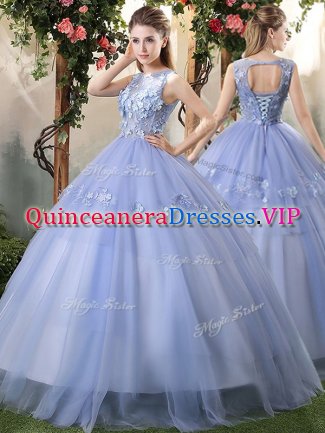Lavender Tulle Lace Up Sweet 16 Dresses Sleeveless Floor Length Appliques