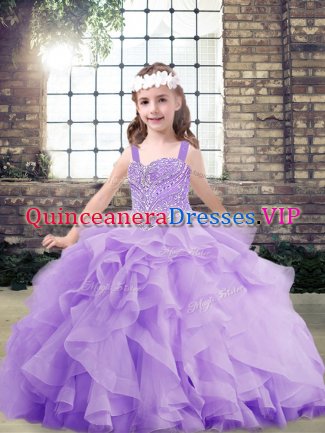 Floor Length Lace Up Little Girls Pageant Dress Lavender for Party and Military Ball and Wedding Party with Beading and Ruffles