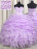 Lavender Ball Gowns Organza Sweetheart Sleeveless Beading and Ruffles and Pick Ups With Train Lace Up Sweet 16 Quinceanera Dress Brush Train(SKU PSSW0458-1BIZ)